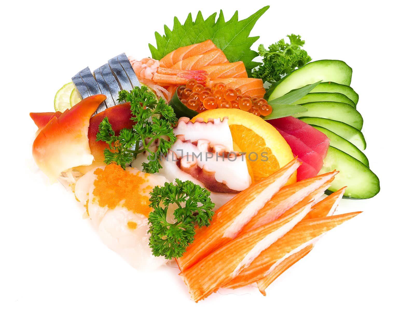 Assortment of raw sea food set or shashimi in Japanese, isolated on white background