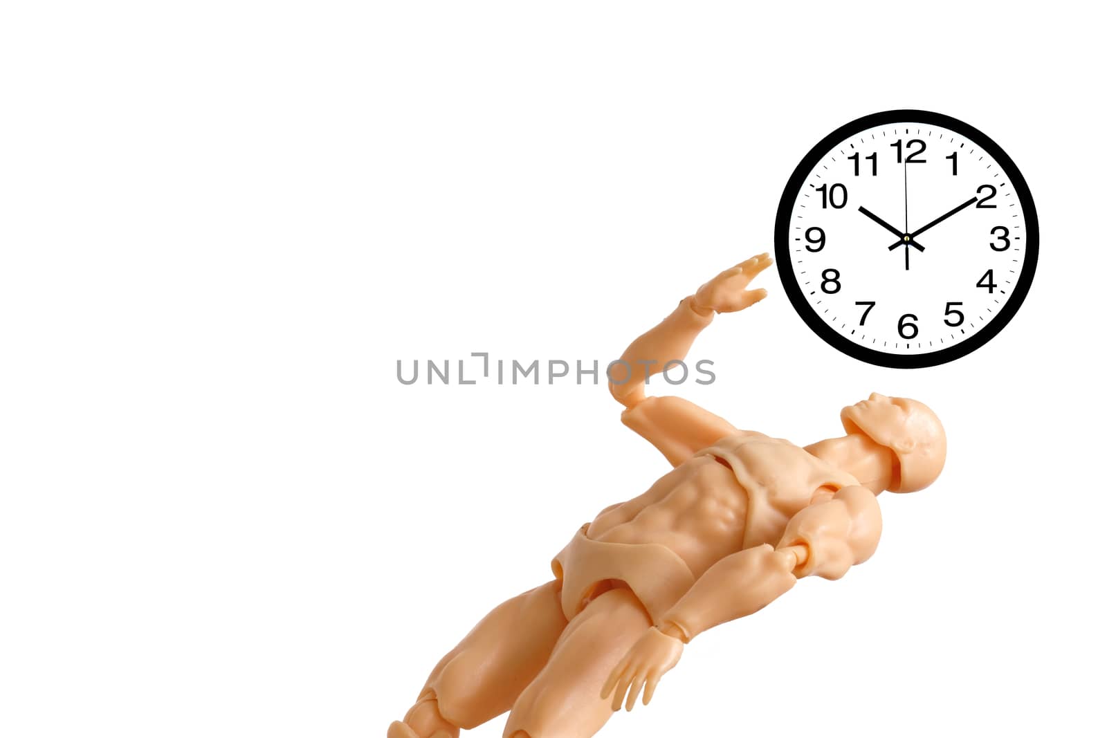 a dummy and an imgae of a black and white clock, isolated on white background, time concept