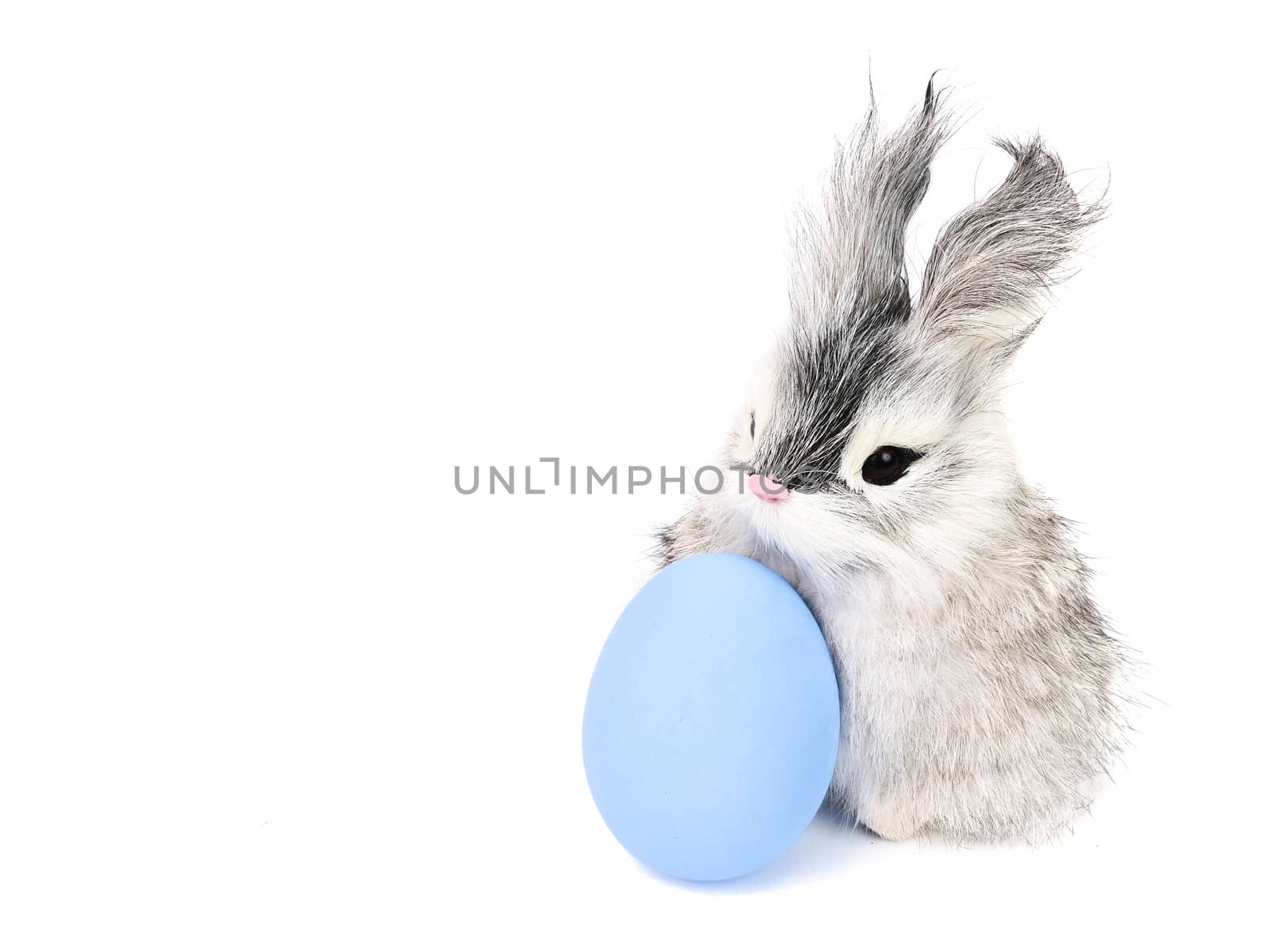 A cute little long hair bunny rabbit and bright colored easter egg, isolated on white background.