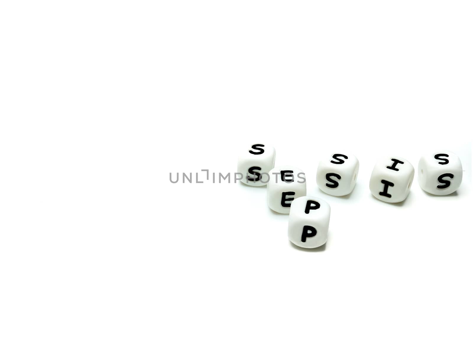alphabet letters spelling sepsis, isolated on white background, sepsis awareness and prevention concepts