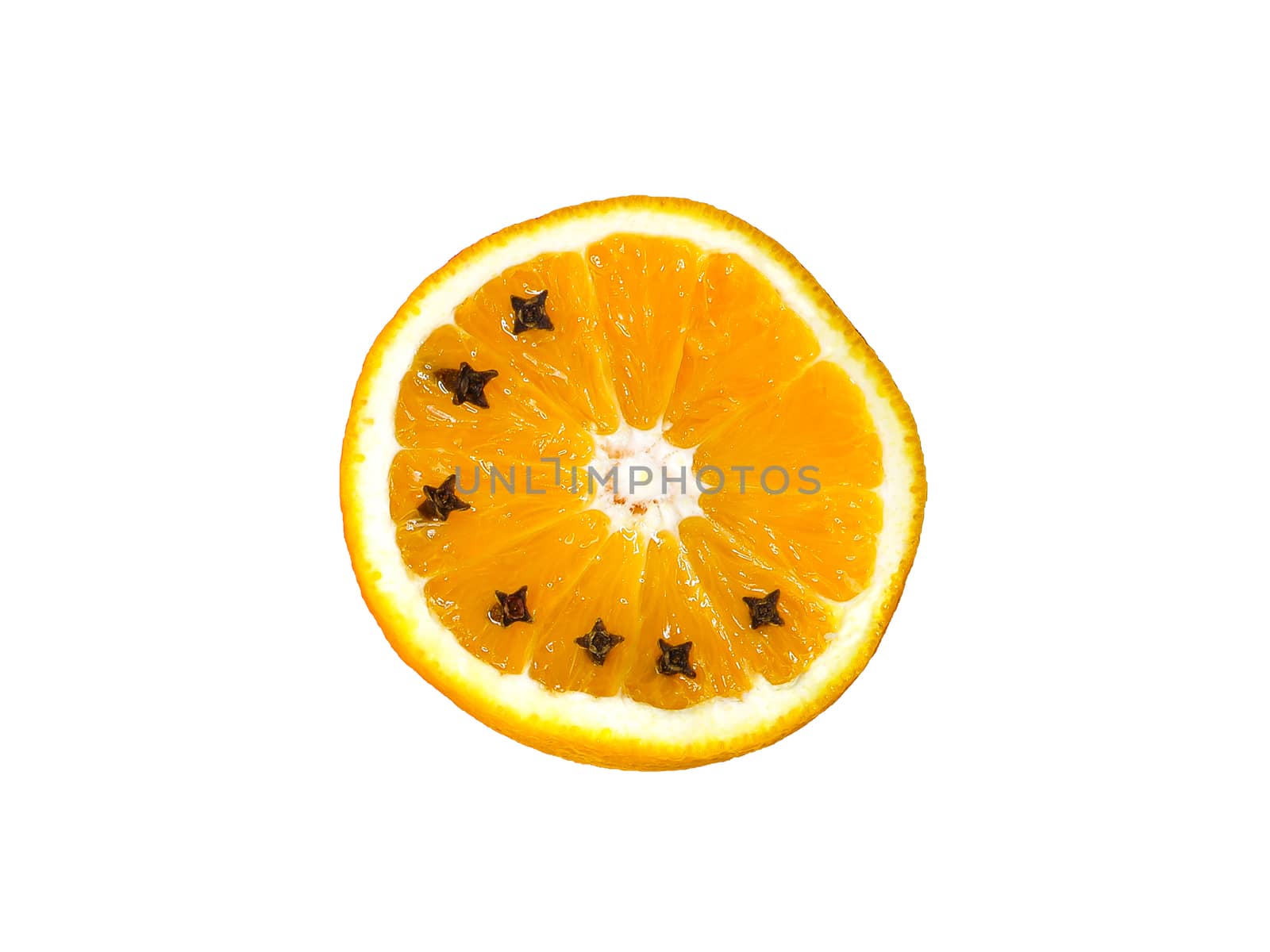 a slice of sliced navel orange with cloves, top view, isolated on white background