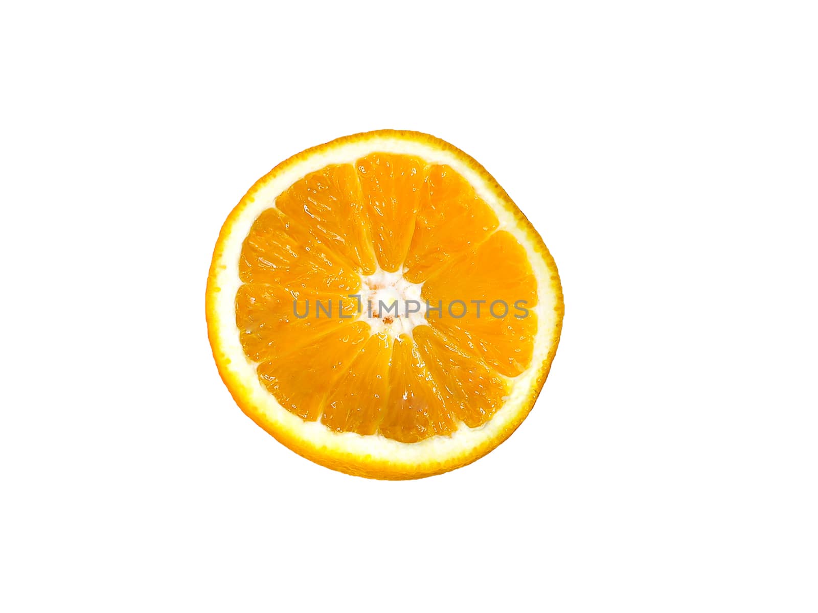 a slice of sliced navel orange, top view, isolated on white background