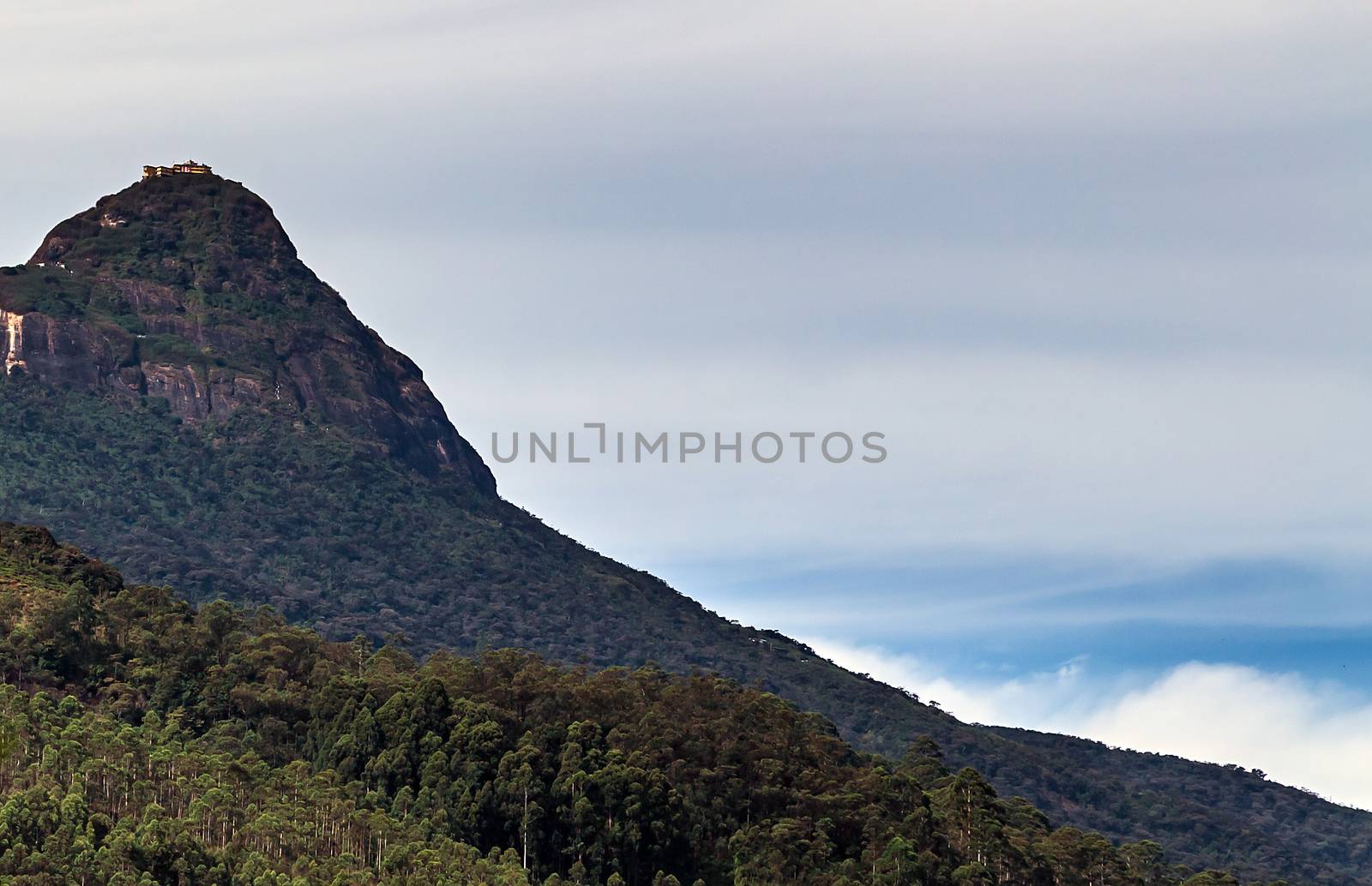 Sunrise over Adam's peak, Sri Lanka, mountain in the fog view from the jungle. Mountain landscape.