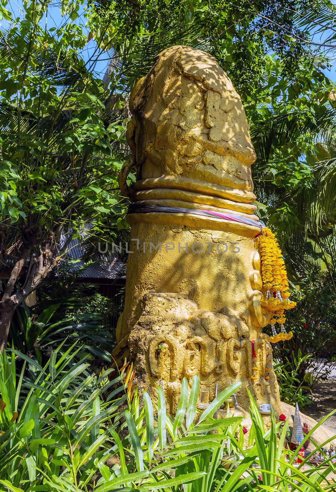Phallic symbols decorated Gold phallus sculpture penis on Koh Samui island, Thailand