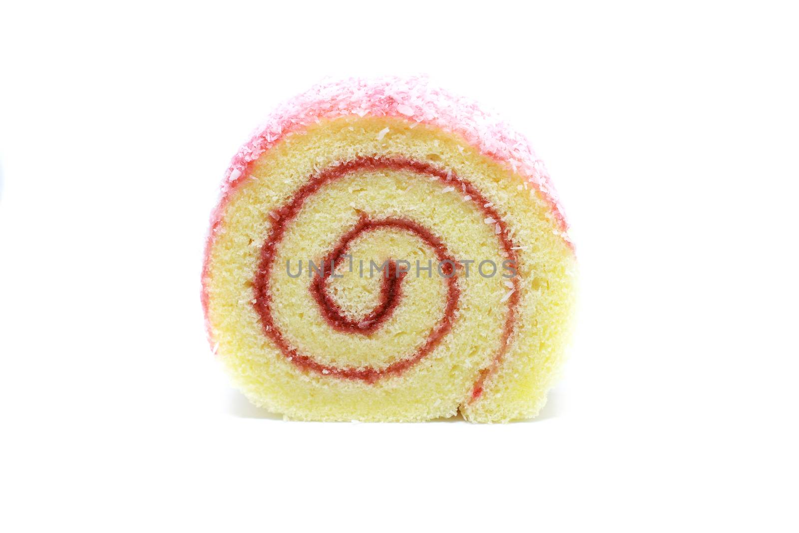 fresh sweet roll cake with raspberry jam and coconut flakes, isolated on white background