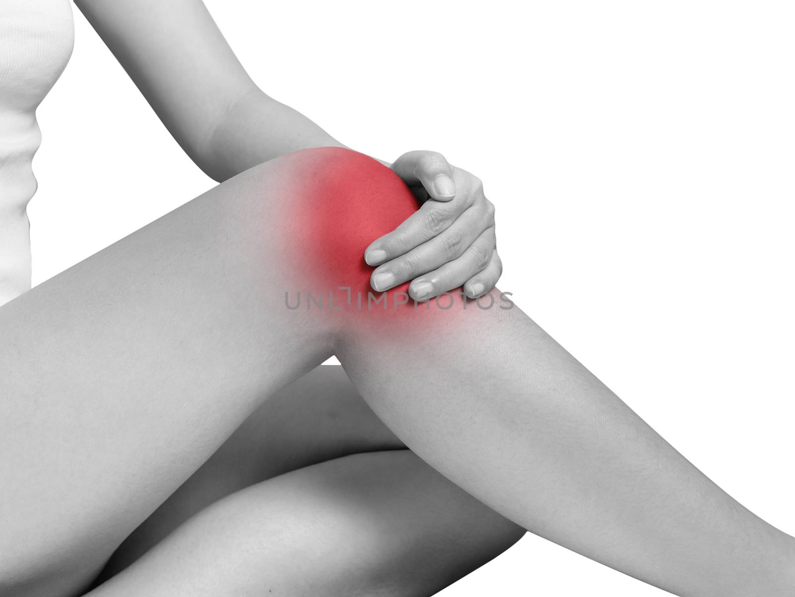 woman suffering from knee pain, joint pains. mono tone highlight at knee isolated on white background. health care and medical concept by asiandelight
