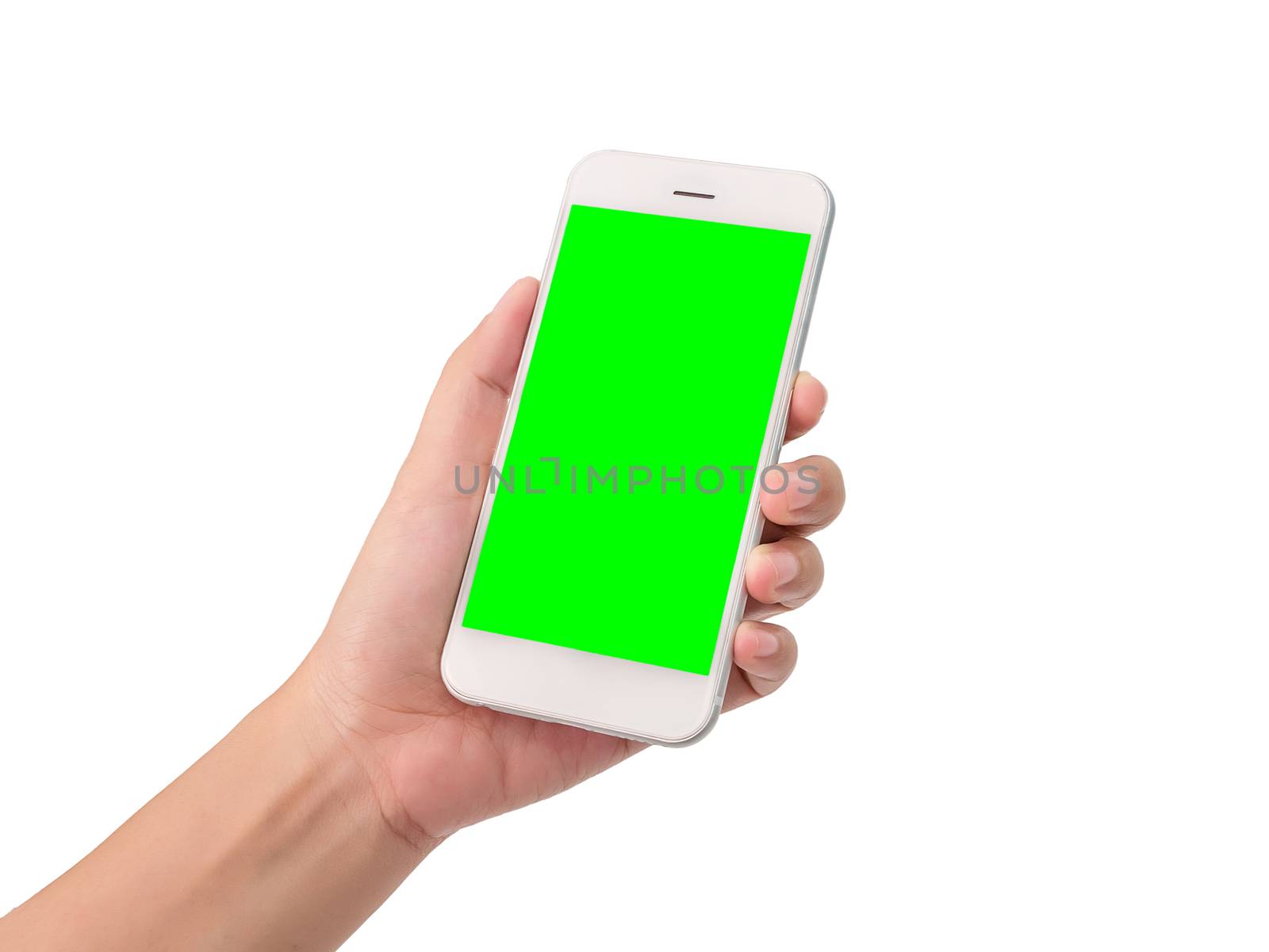 woman hand holding a modern mobile smart phone with blank green screen isolated on white background with clipping path. blank green screen to put your own message