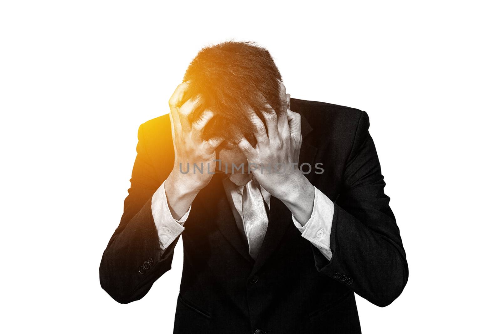 businessman feeling stress from business work , monotone color isolated on white background with highlight at head. business , people and work concept