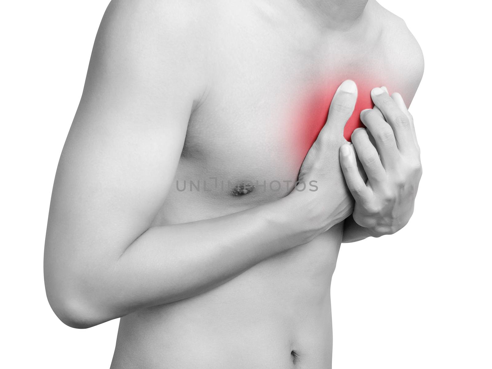 man having chest pain, heart attack. mono tone highlight at breast isolated on white background. healthcare and medical concept