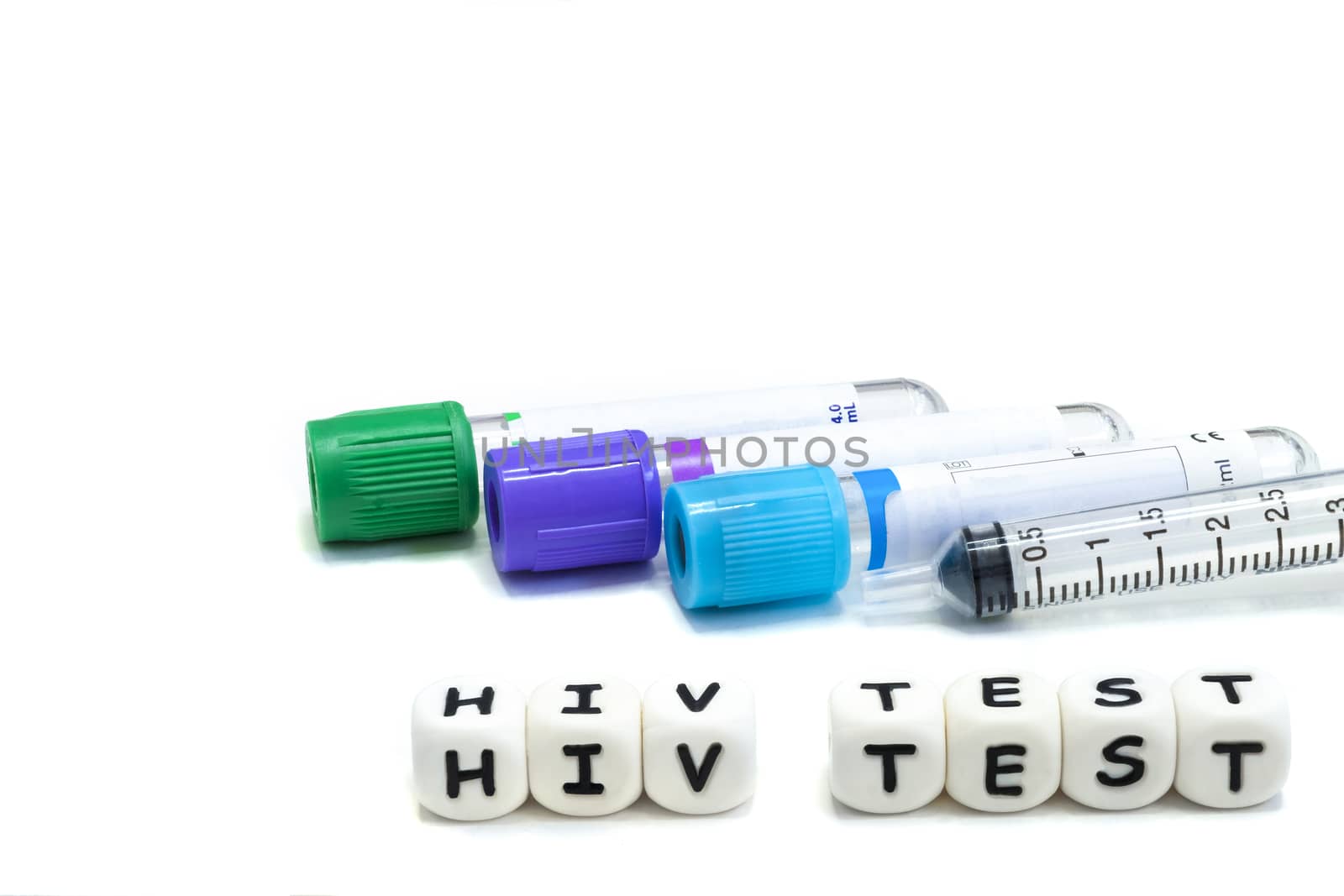 Laboratory test tubes for blood sampling in the patient with HIV infection. Macro image on white background.