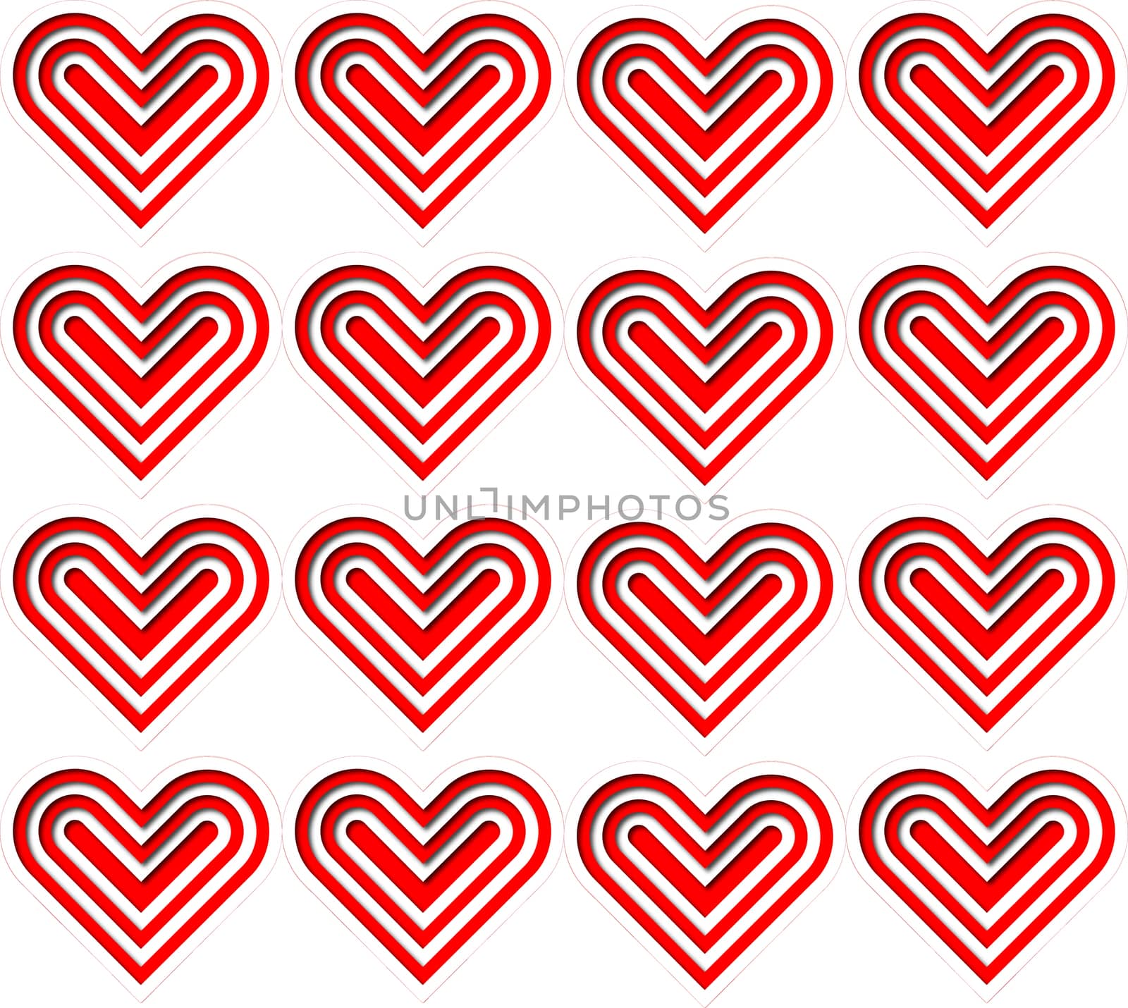 a square pattern made of layered red and white hearts, papercut style, on white background. Illustration art.