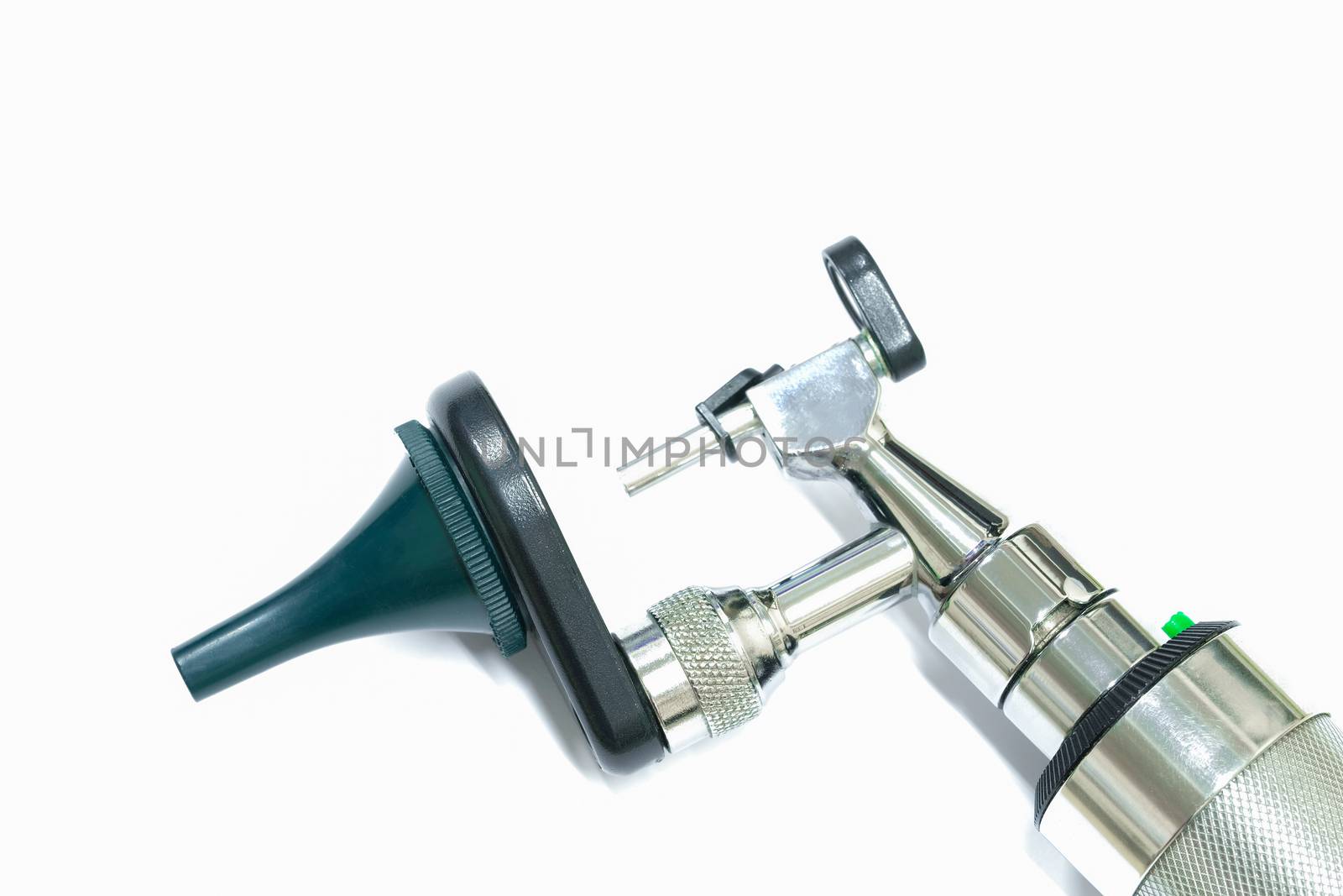 a stainless steel otoscope, an important tool used by an otolaryngologist, or an ear doctor, to examime a patient's ear, isolated on white background, closeup view