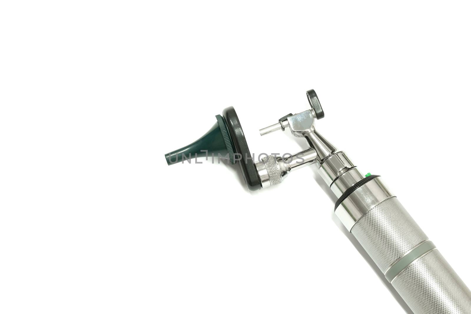 a stainless steel otoscope, an important tool used by a otolaryngologist, or an ear doctor, to examime a patient's ear, isolated on white backgrown, closeup view