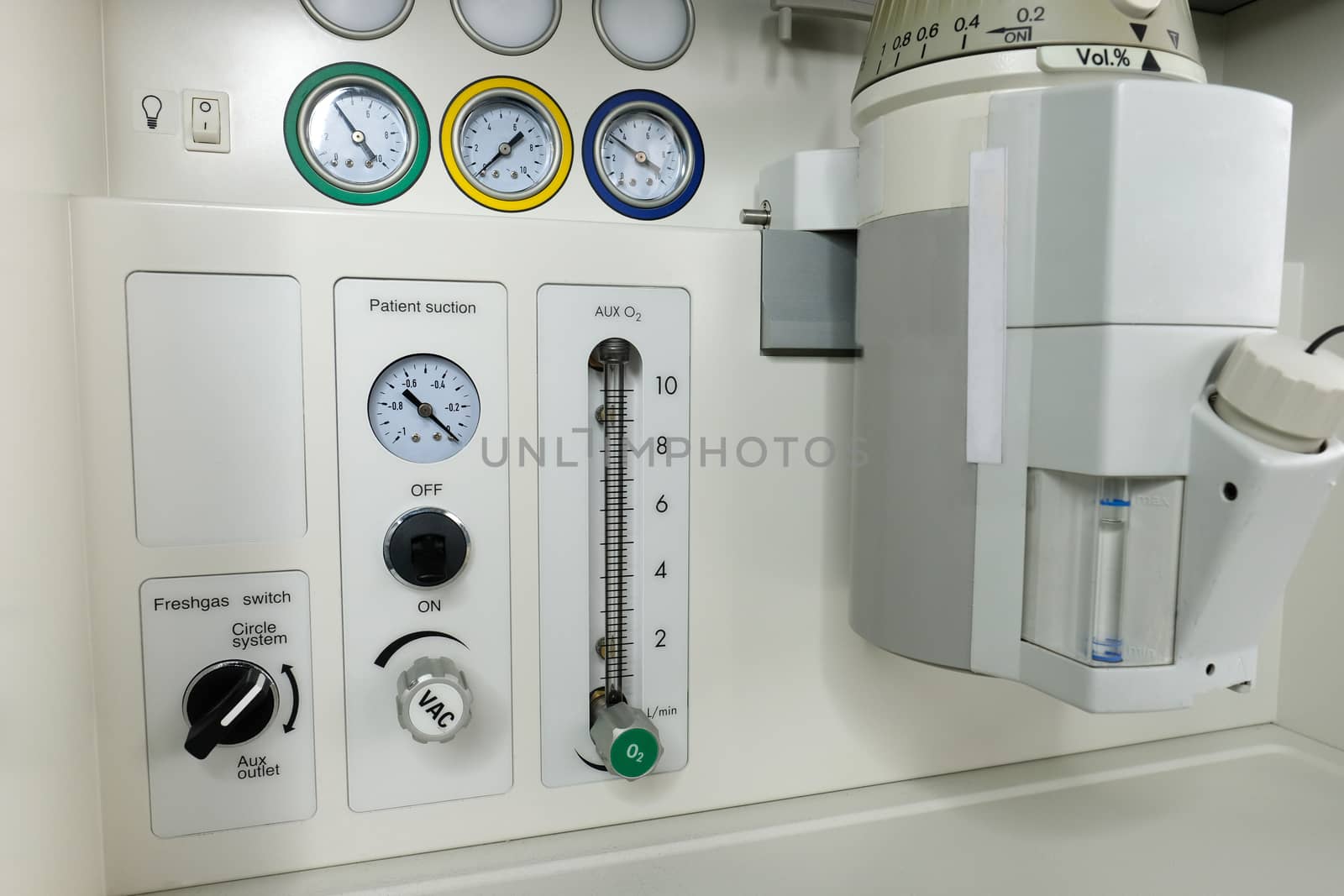 an anesthetic machine in the operation room showing a panel with gas canister and gauges