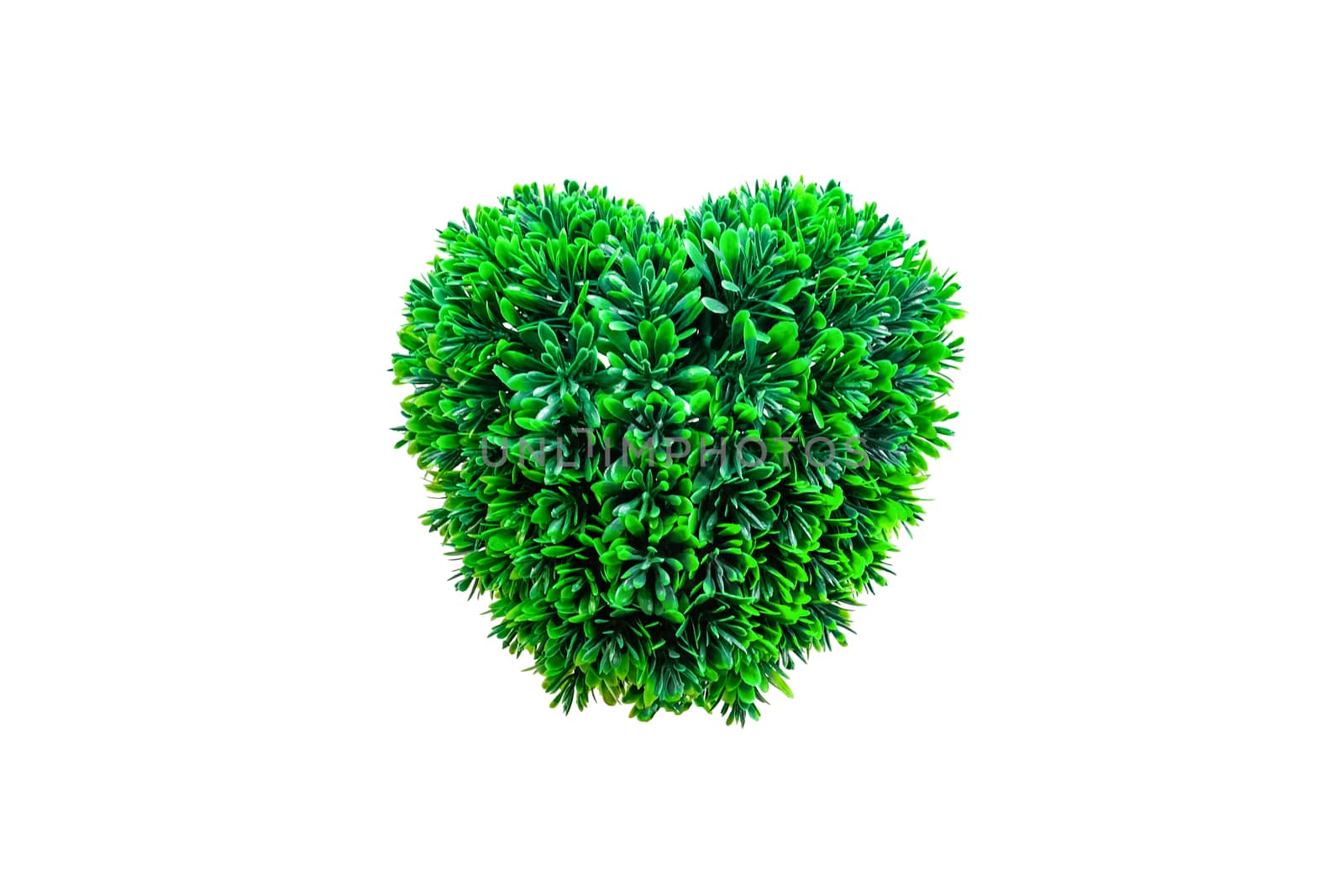 a brightly green color heart made of plastic leaves, isolated on white background with copy space