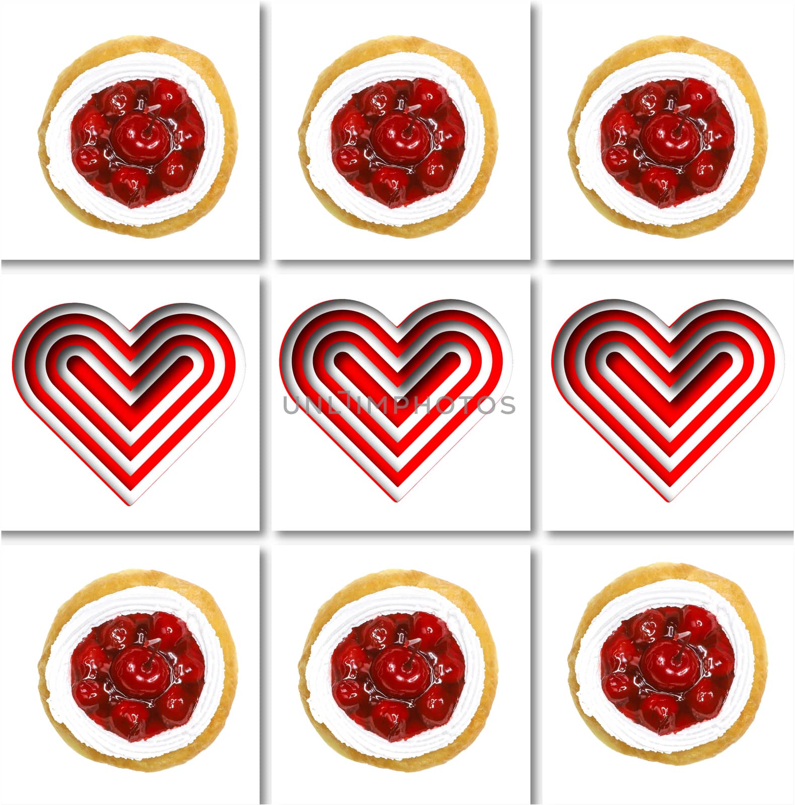 a square pattern made of images of cherry jam and layered red and and white papercut hearts on white background. Illustration art.