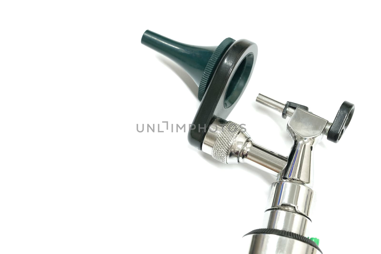 a stainless steel otoscope, an important tool used by a otolaryngologist, or an ear doctor, to examime a patient's ear, isolated on white backgrown, closeup view