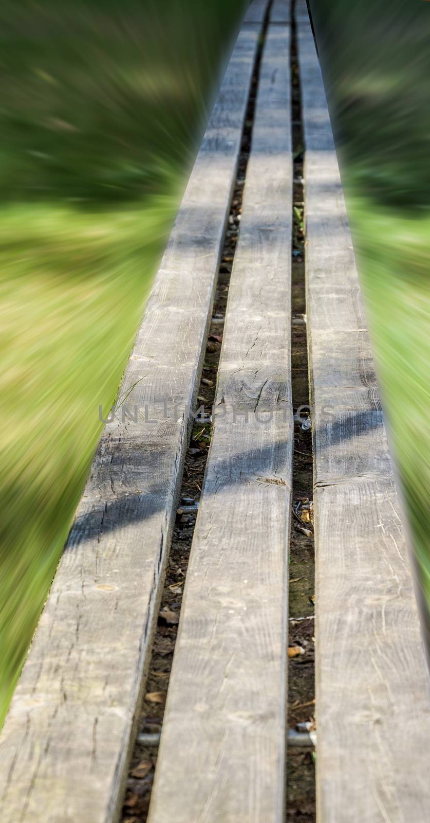 Empty wooden bench, alienated by motion blur