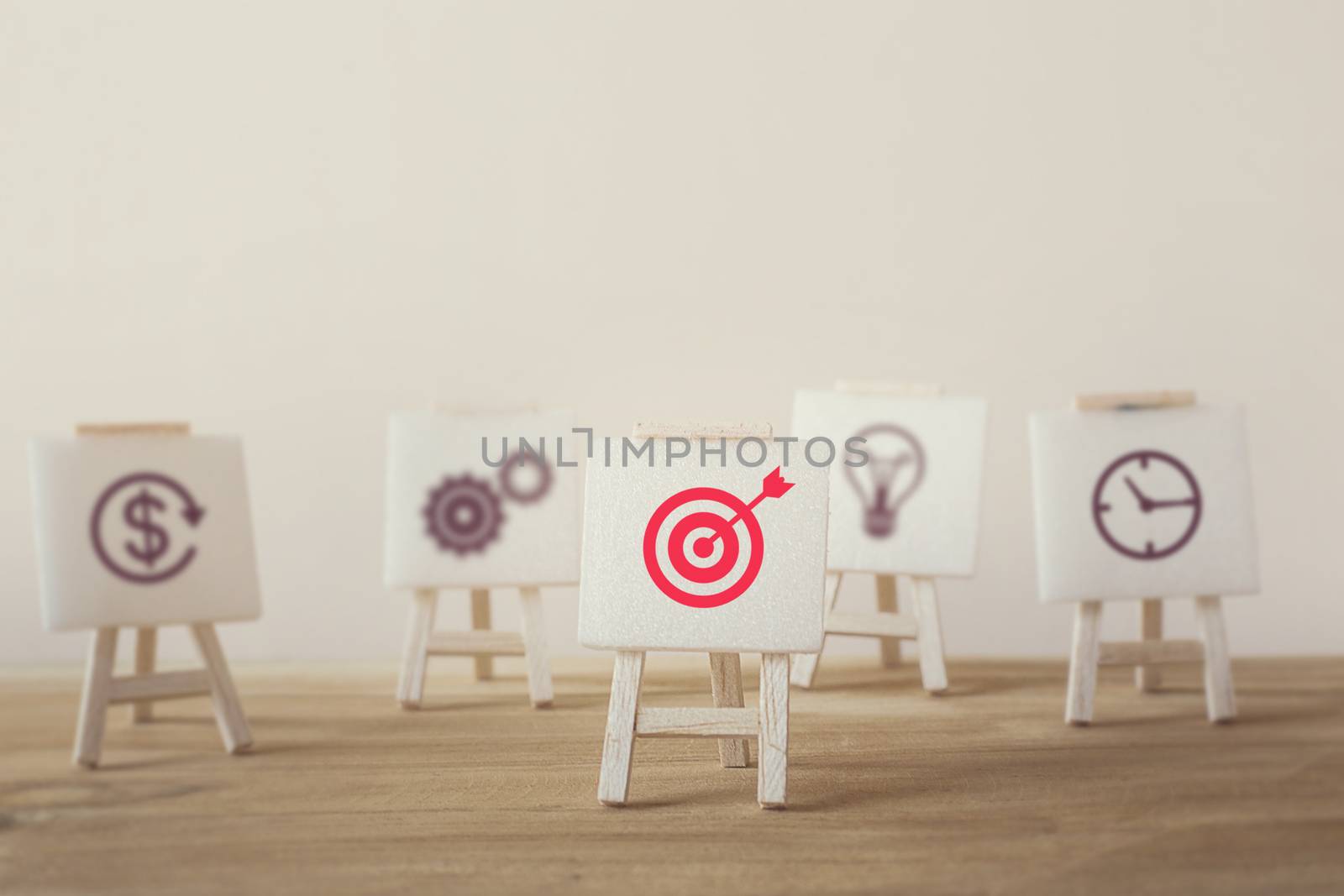 Sign stand with an arrow in the target. Stand out from the crowd and think different creative idea concepts. Tactics of advertising targeting. advertise campaigns. Goal Achievement and Purposefulness.