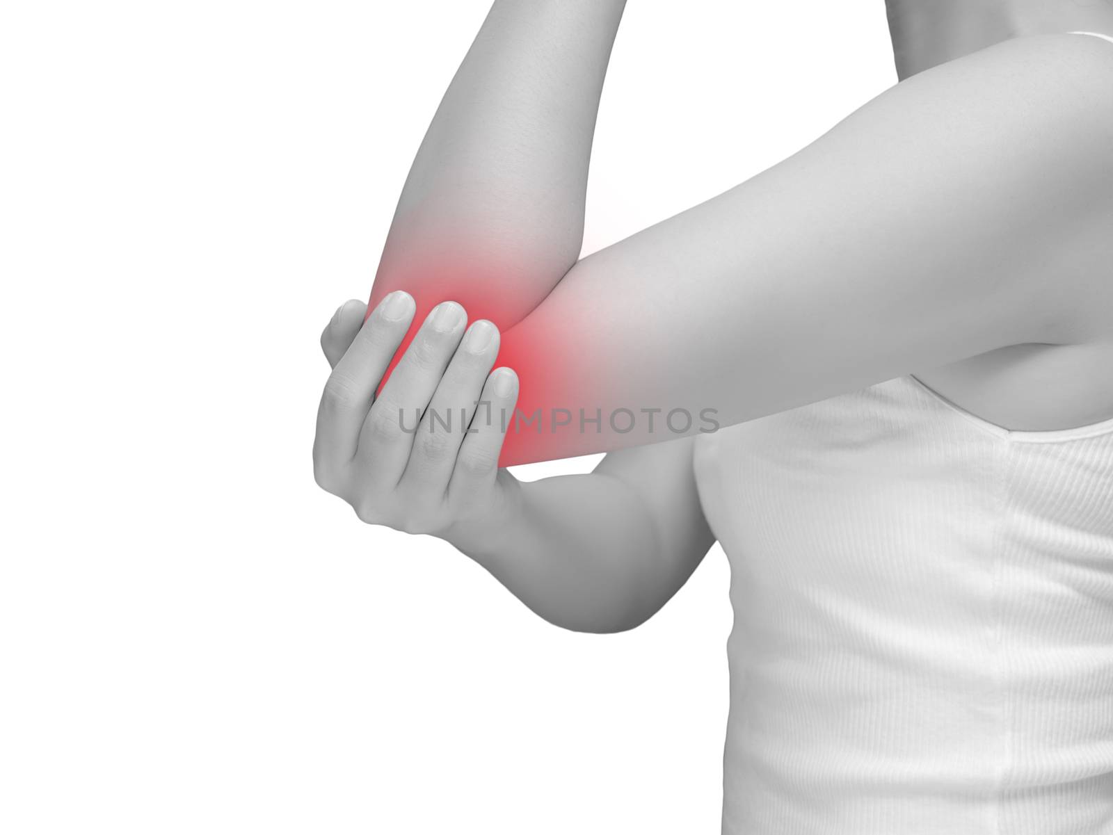 woman suffering from elbow pain, joint pains. mono tone highlight at elbow isolated on white background. health care and medical concept