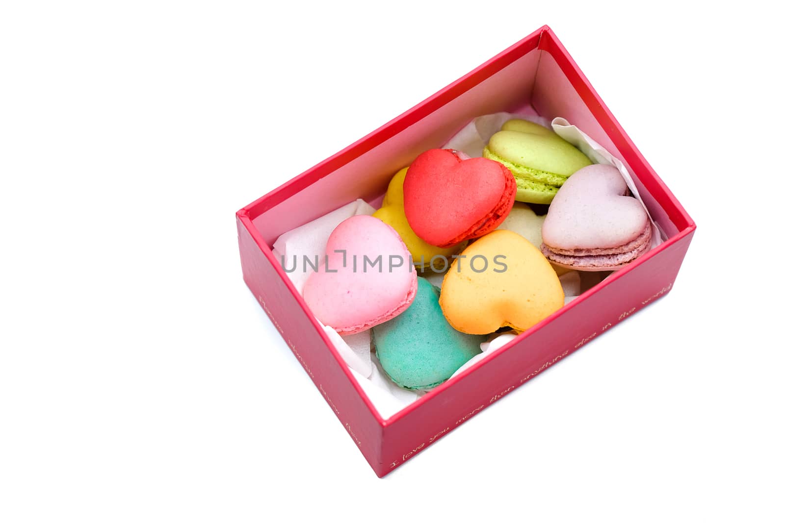assortments of colorful heart shaped macaroons in a red box, isolated on white background, love, romance, anniversary, marriage, gift, Valentines' Day concept