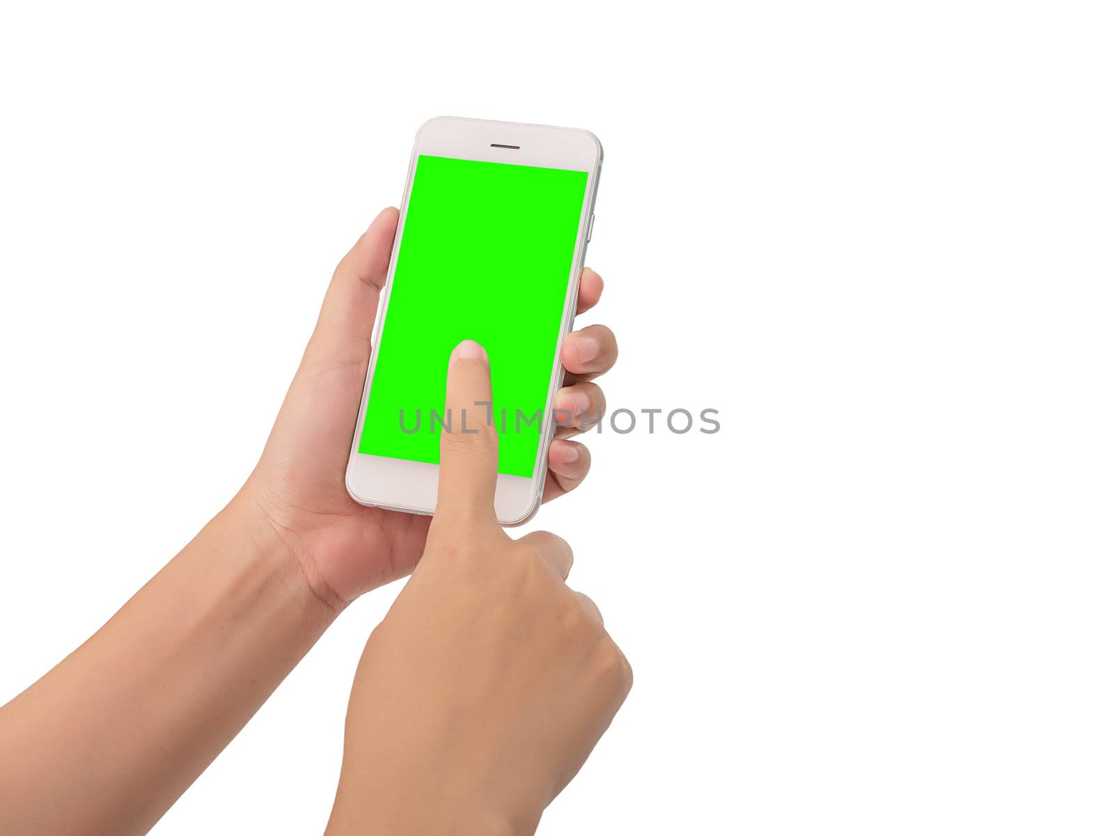 woman typing on mobile phone with green screen isolated on white background with clipping path. women hand holding a modern smartphone and pointing with finger. green screen to put your own message