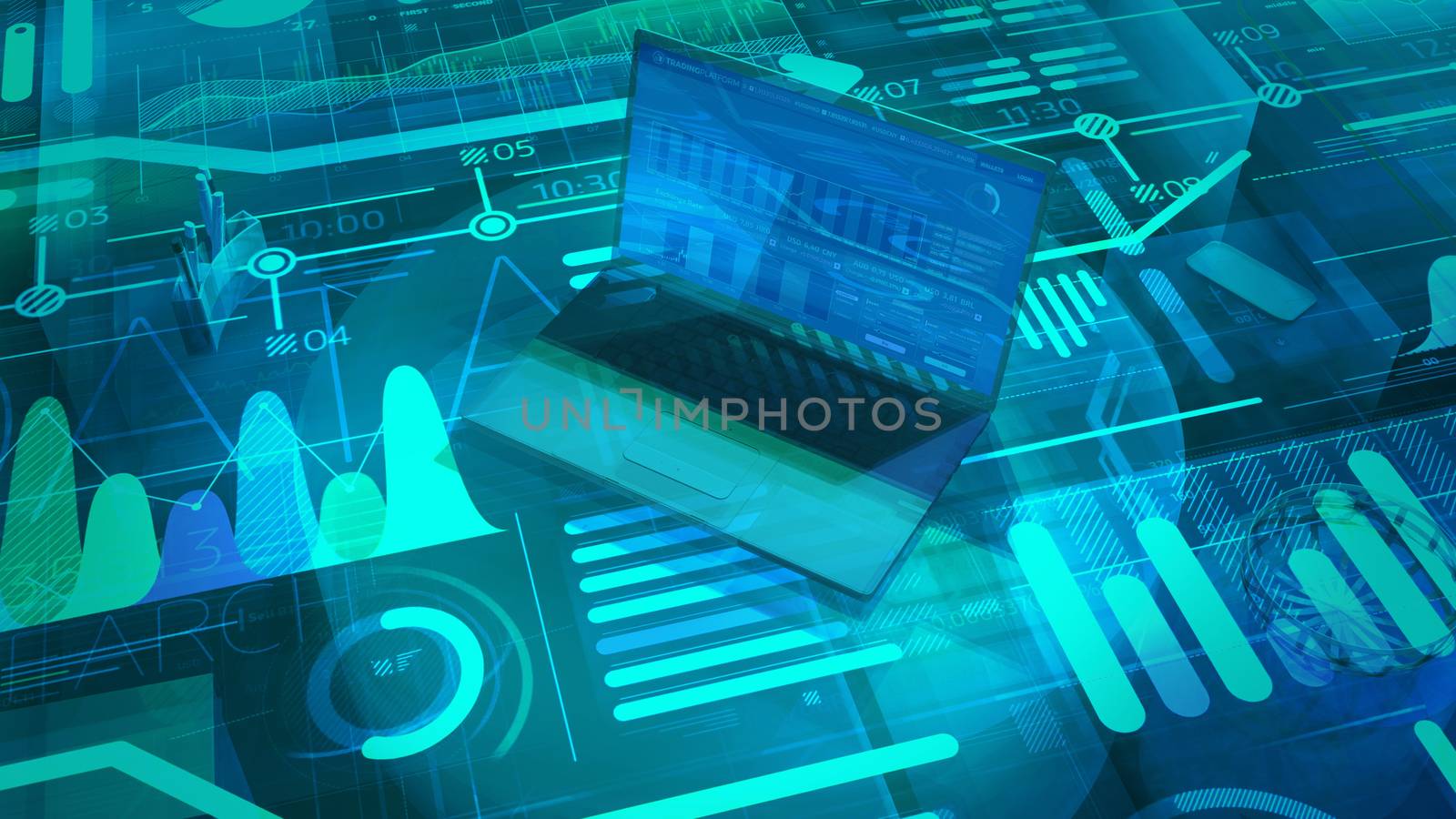 Corporate background with laptop and abstract data. by ConceptCafe