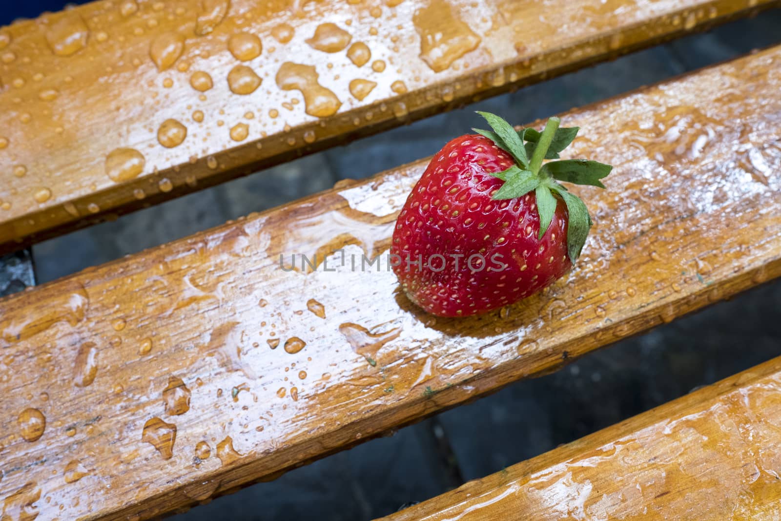 a single strawberry on a wooden bench
