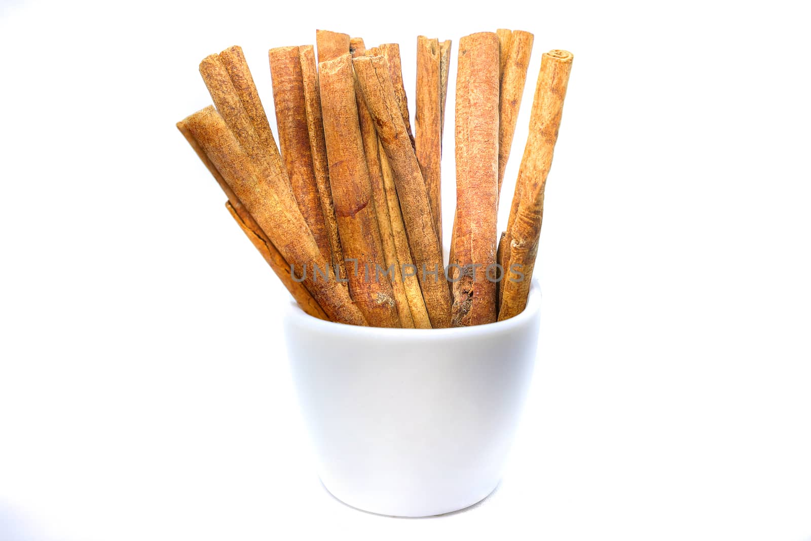 Brown cinnamon sticks in a white ceramic cup, front view, isolated on white background