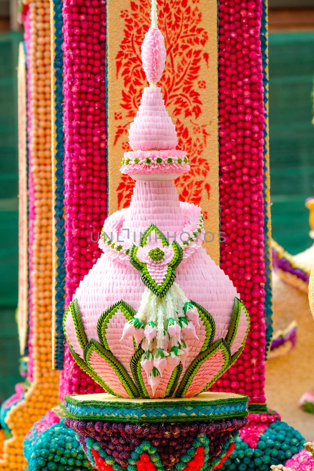 Details of elaborated fresh and dried flowers pattern on a floral float, annual Chiang mai Flower Festival, 2018, Thailand