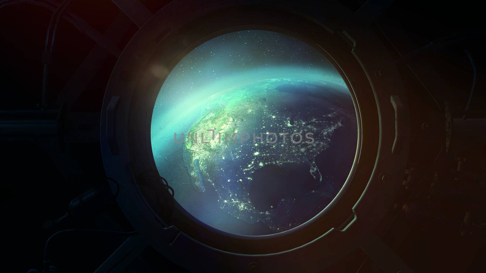 The globe half illuminated by the sun is visible in the porthole of a spaceship.