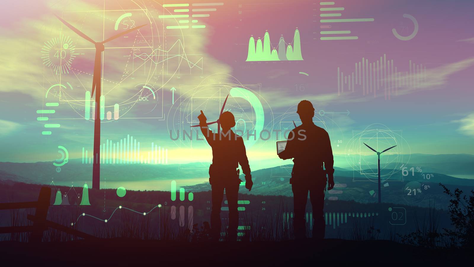 Silhouettes of engineers against the backdrop of sunset and wind farms, while infographics are visible in the virtual space.
