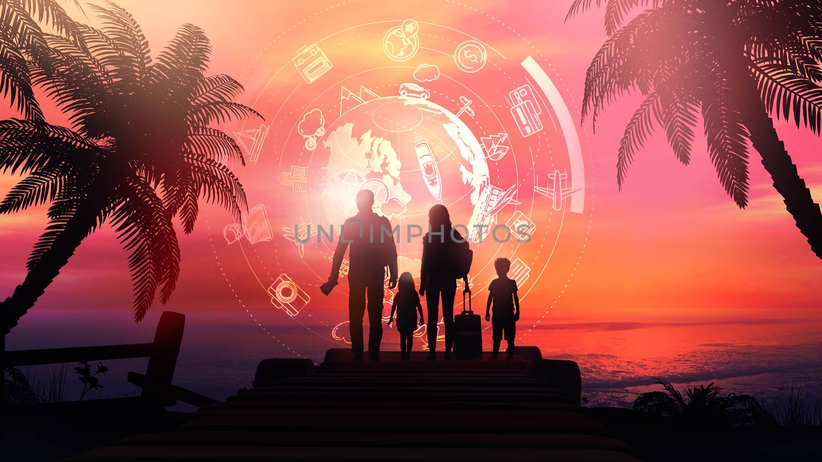 Dark silhouettes of a family on a tropical island sunset background and infographics on travel.