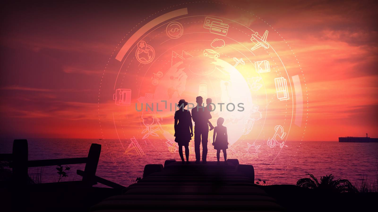 A family stands on the ocean against a bright red sunset. A virtual projection of a tourist infographic in front of them.