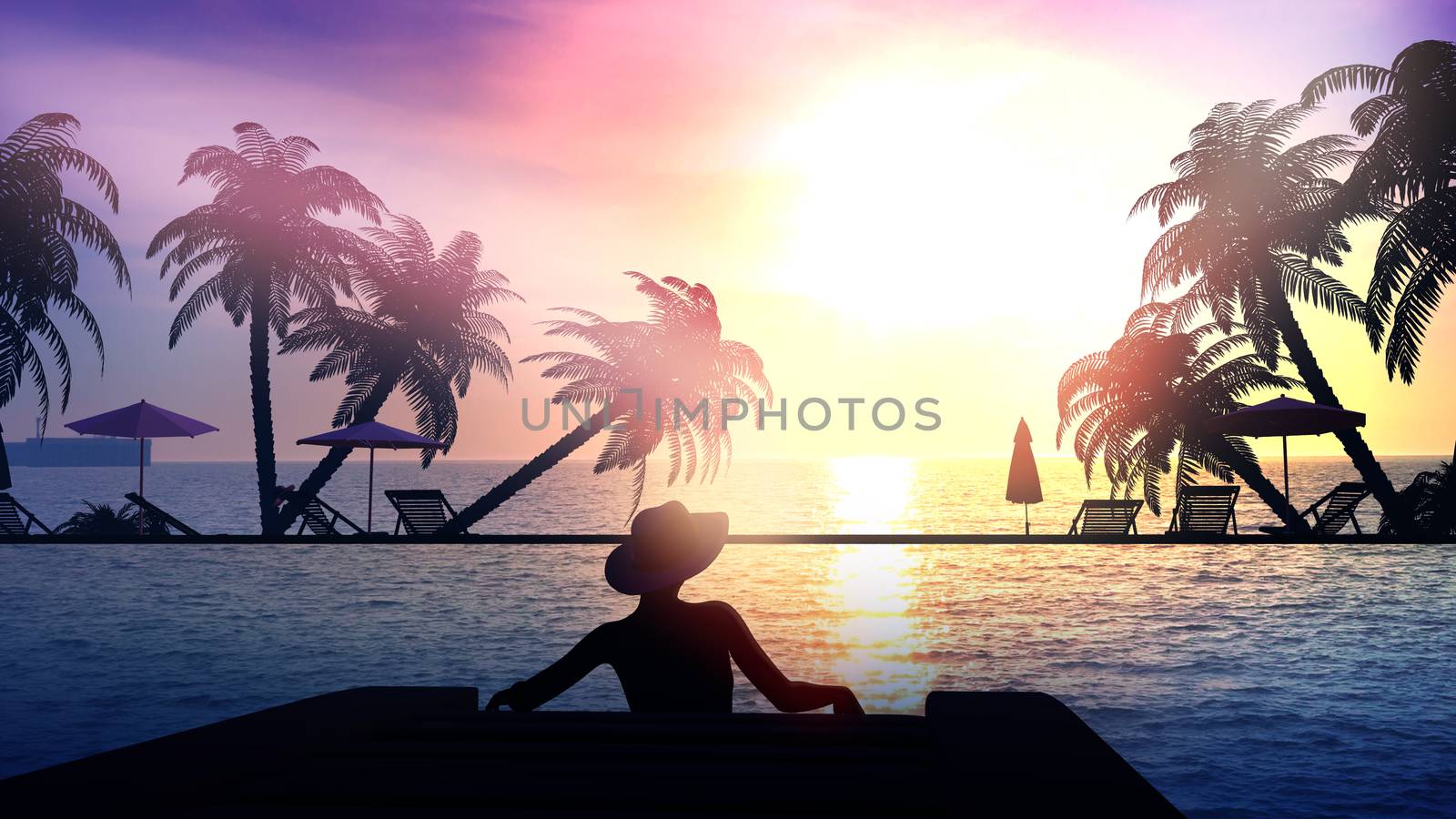 Silhouette of a woman resting on a wooden pier at a resort beach on a tropical sunset background.