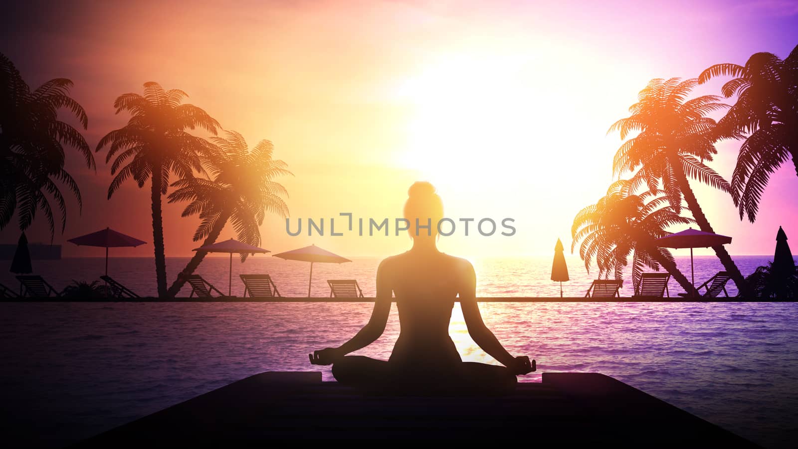 Meditating girl on a tropical sunset background. by ConceptCafe