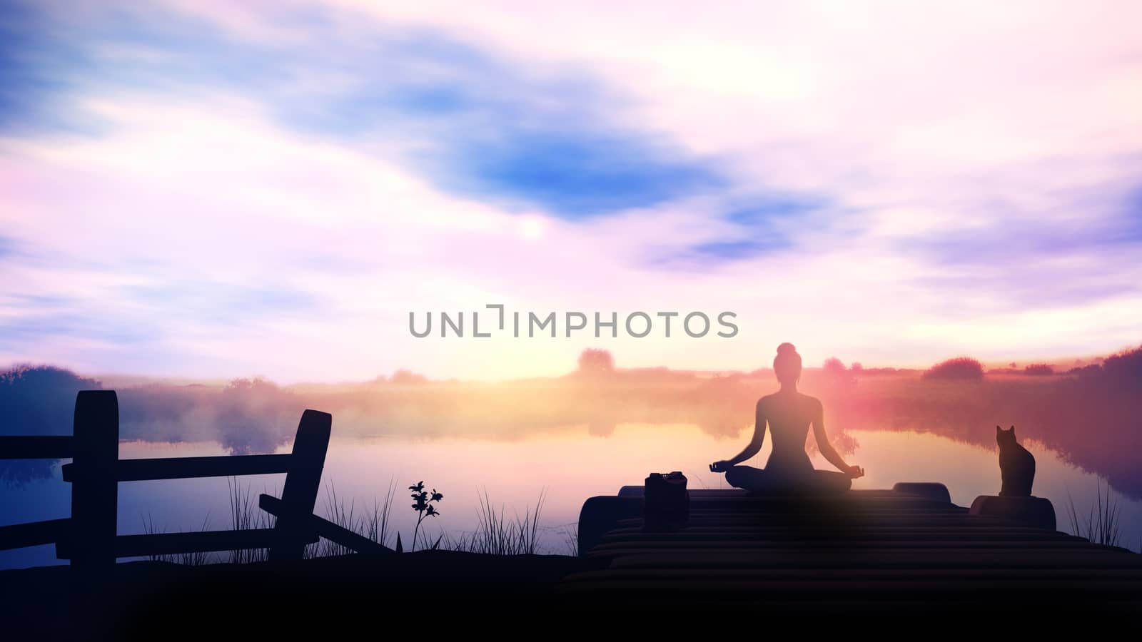 Silhouette of a meditating girl against the background of dawn.