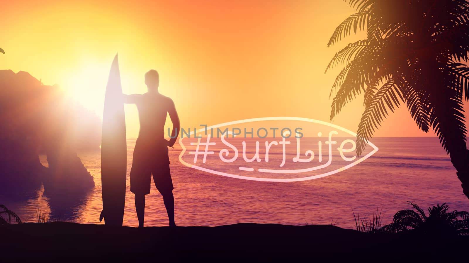 Silhouette of a surfer with a board on a sunset background.