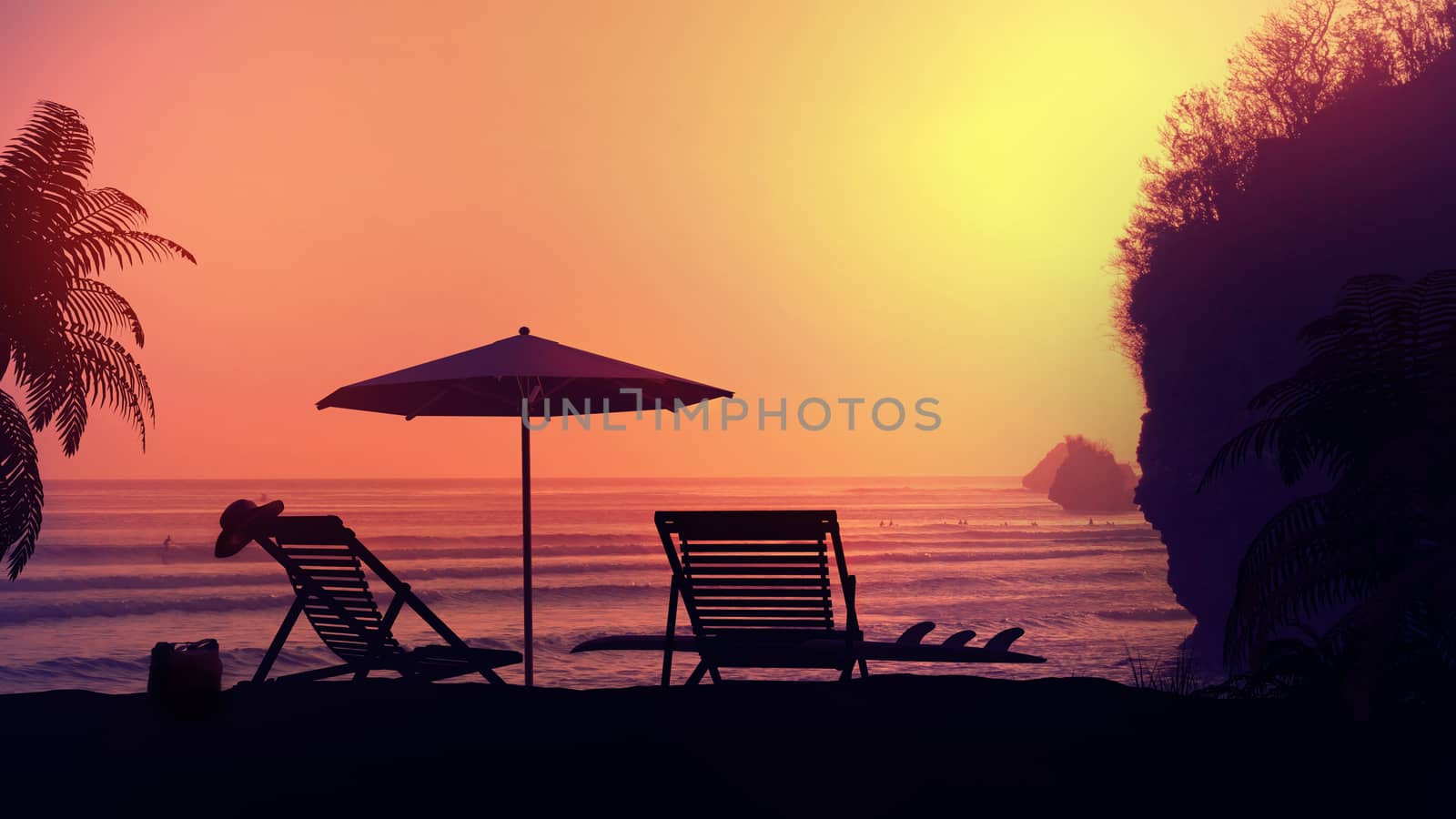 Tropical resort beach under the setting sun's rays. by ConceptCafe