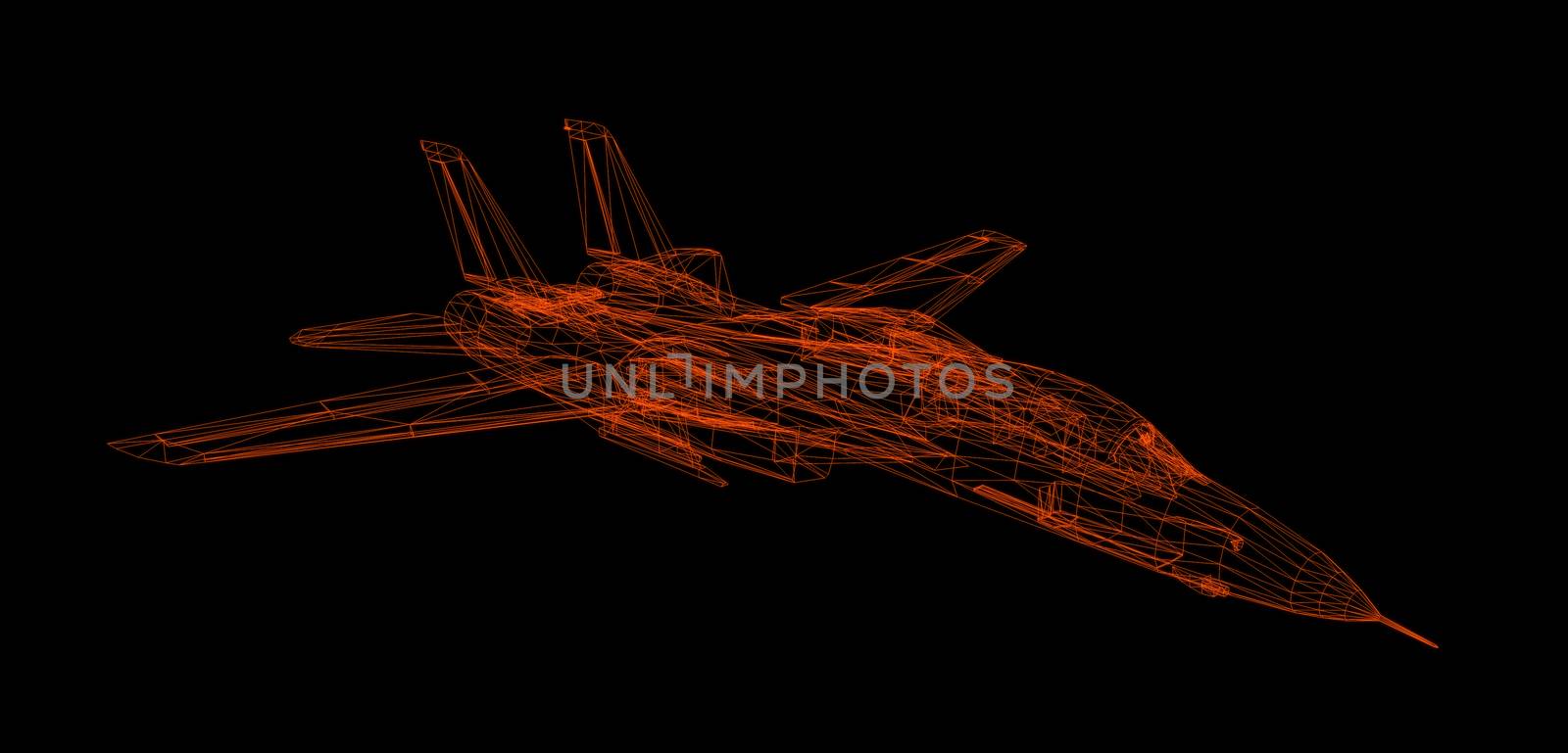 Airplane wire model isolated on black  - 3D Rendering
