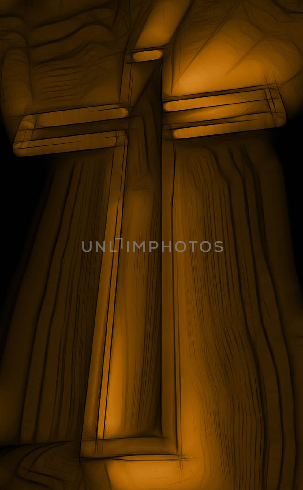 Wooden cross with rays behind on black  made in 3d software