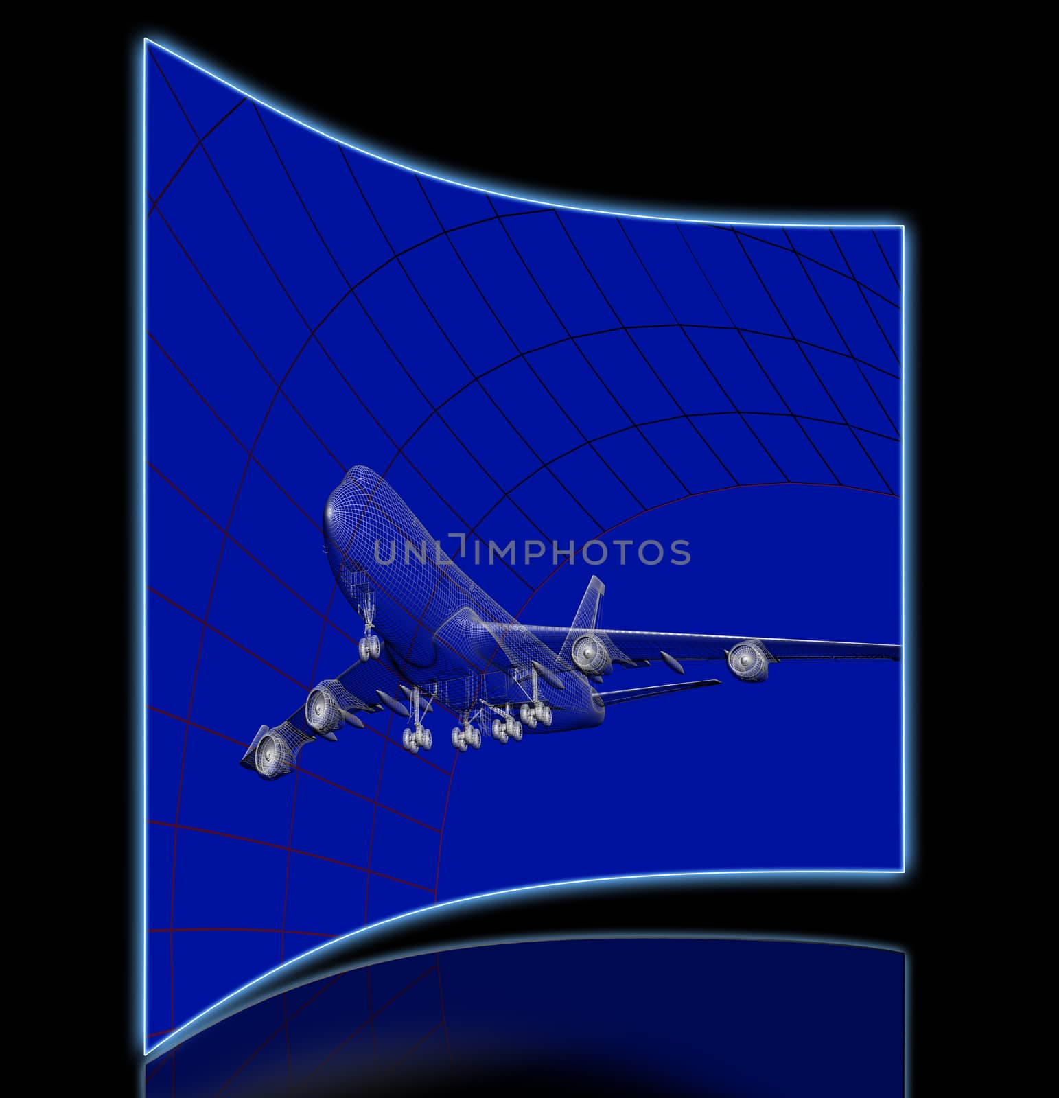 Simulation of an aircraft model being analyzed in wind tunnel for aerodynamic effects on its structure