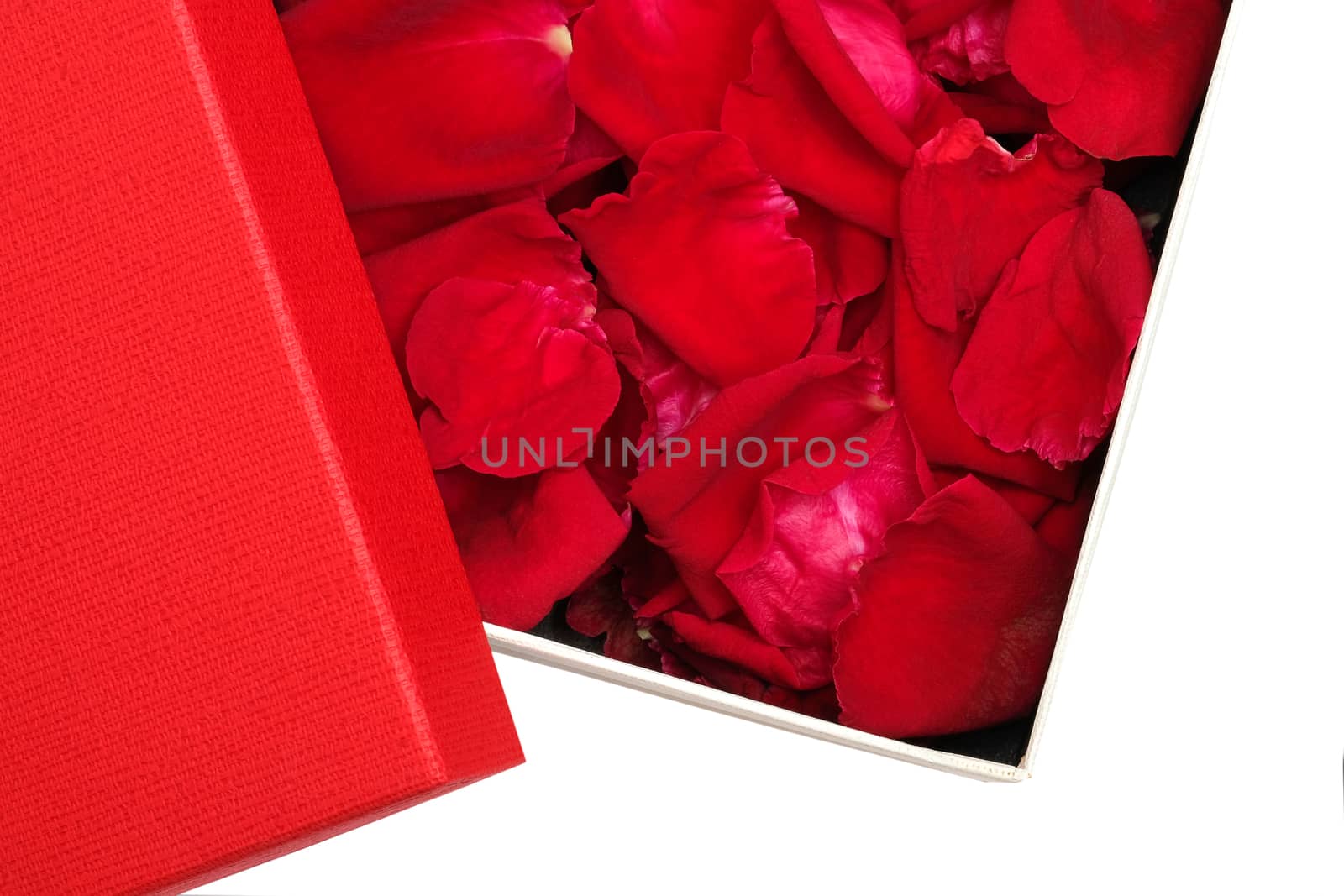a box of red rose petals on white background