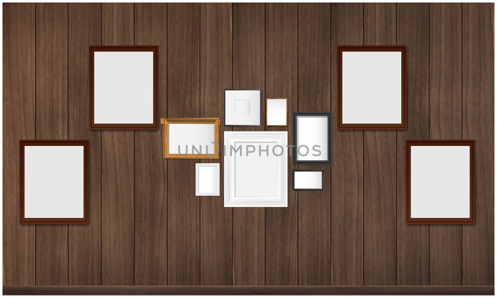 mock illustration of blank photo frame collage on wooden wall