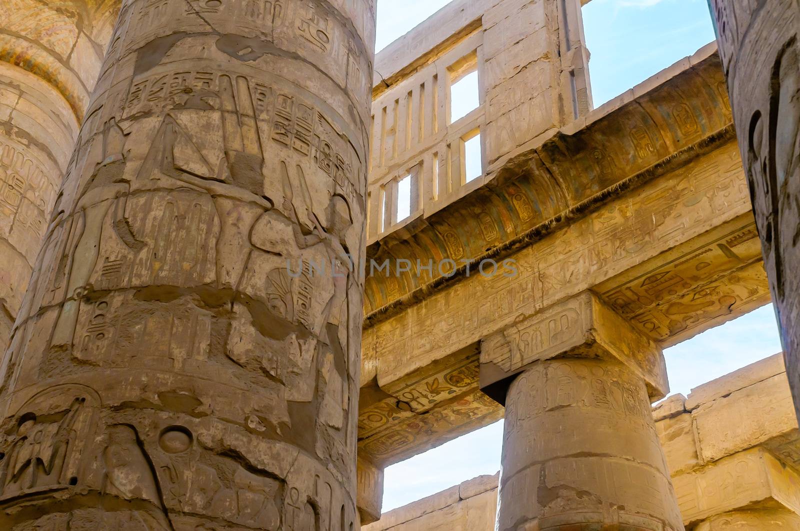Columns' detail in the Karnak temple in Luxor, Egypt. Hieroglyphs