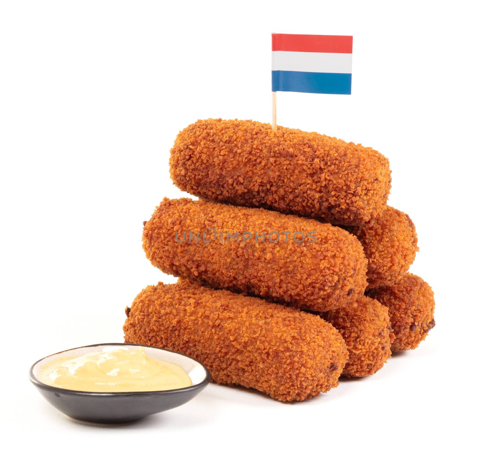 Brown crusty dutch kroketten with dutch flag, isolated on a white background