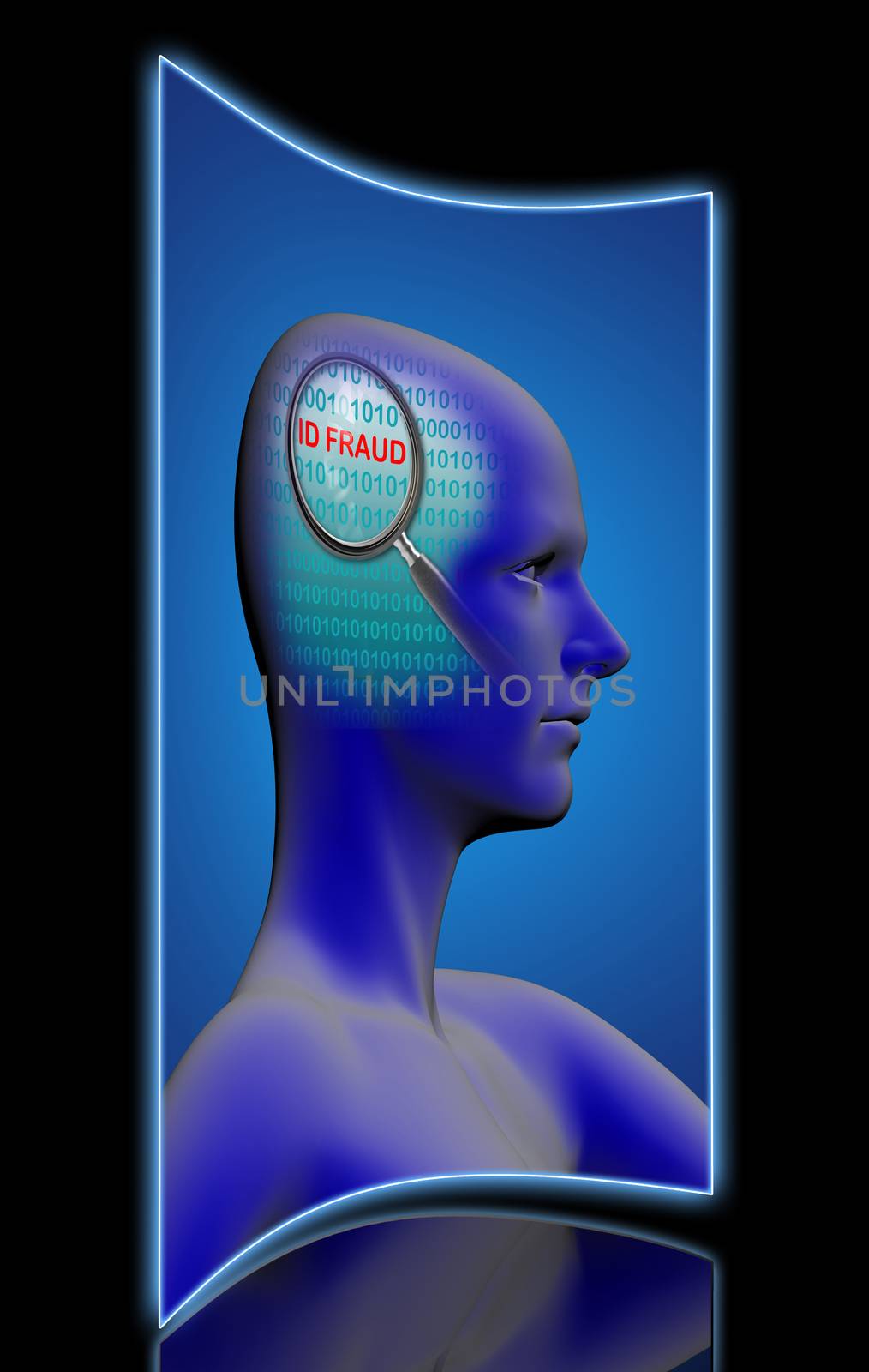 profile of a man with close up of magnifying glass on ID fraud  made in 2d software