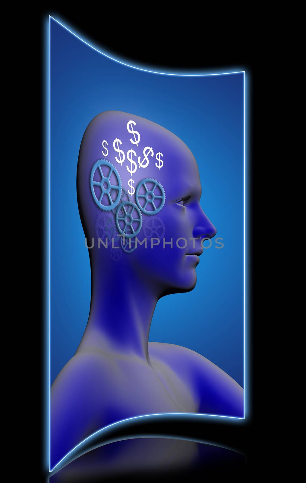 profile of a man with gears and a dollar  inside his head