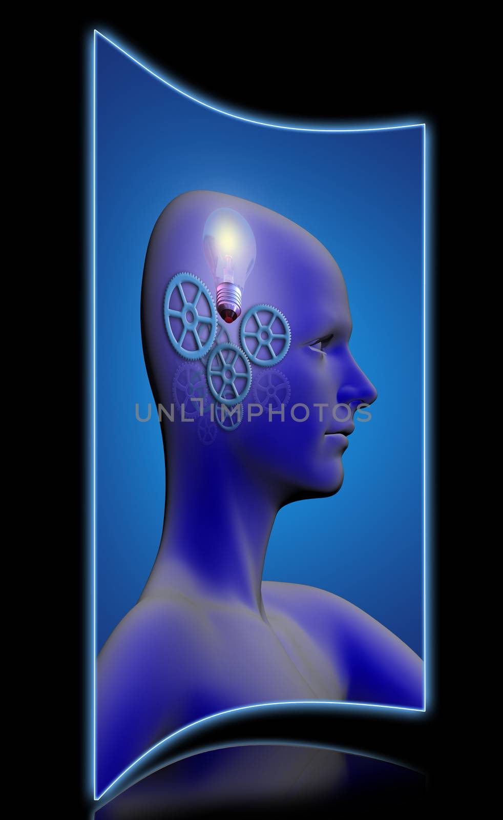 profile of a man with gears and a light bulb inside his head