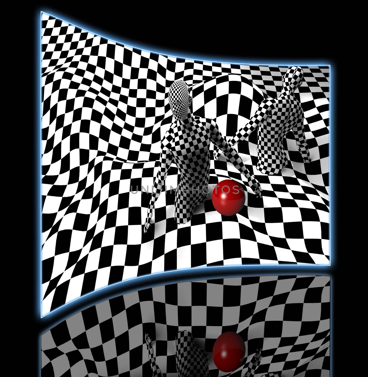 black end white checkered man with red ball